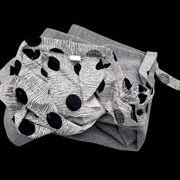 Vintage 80s 90s Black & Gray  Polka Dot Dress With Bow Collar & Elastic Waist - Picture 9 of 13